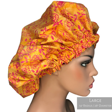 Load image into Gallery viewer, Floral Springtime - Batik and Silk - Orange and Magenta Hair Bonnet