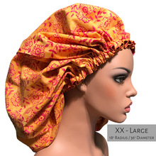 Load image into Gallery viewer, Floral Springtime - Batik and Silk - Orange and Magenta Hair Bonnet