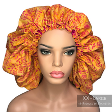 Load image into Gallery viewer, Floral Springtime - Batik and Silk - Orange and Magenta Hair Bonnet