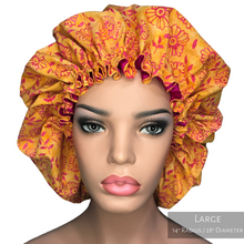 Load image into Gallery viewer, Floral Springtime - Batik and Silk - Orange and Magenta Hair Bonnet