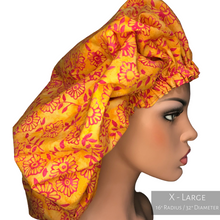Load image into Gallery viewer, Floral Springtime - Batik and Silk - Orange and Magenta Hair Bonnet