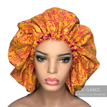 Load image into Gallery viewer, Floral Springtime - Batik and Silk - Orange and Magenta Hair Bonnet