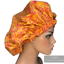 Load image into Gallery viewer, Floral Springtime - Batik and Silk - Orange and Magenta Hair Bonnet
