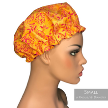 Load image into Gallery viewer, Floral Springtime - Batik and Silk - Orange and Magenta Hair Bonnet
