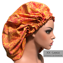 Load image into Gallery viewer, Floral Springtime - Batik and Silk - Orange and Magenta Hair Bonnet
