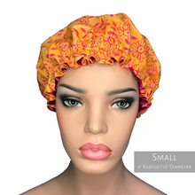 Load image into Gallery viewer, Floral Springtime - Batik and Silk - Orange and Magenta Hair Bonnet
