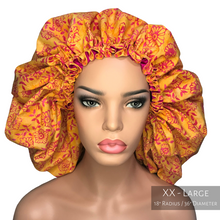 Load image into Gallery viewer, Floral Springtime - Batik and Silk - Orange and Magenta Hair Bonnet
