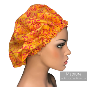 Floral Springtime - Batik and Silk - Orange and Magenta Hair Bonnet