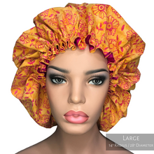 Load image into Gallery viewer, Floral Springtime - Batik and Silk - Orange and Magenta Hair Bonnet
