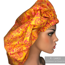 Load image into Gallery viewer, Floral Springtime - Batik and Silk - Orange and Magenta Hair Bonnet
