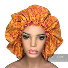 Load image into Gallery viewer, Floral Springtime - Batik and Silk - Orange and Magenta Hair Bonnet
