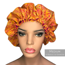 Load image into Gallery viewer, Floral Springtime - Batik and Silk - Orange and Magenta Hair Bonnet
